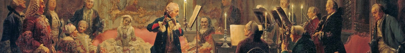 Fragment obrazu: dworzanie słuchają, jak król gra na flecie przy świecach, obok klawesyn i skrzypkowie